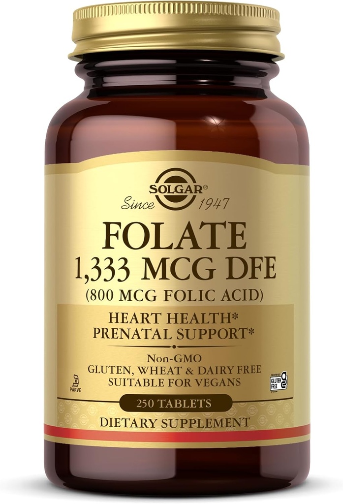 Solgar Folate 1 333 mcg DEFE(叶酸800 mcg) - 250 片 - 产前支持 - 非GMO, Vegan, Gluten Free, 奶制品自由, Kosher - 250 服务