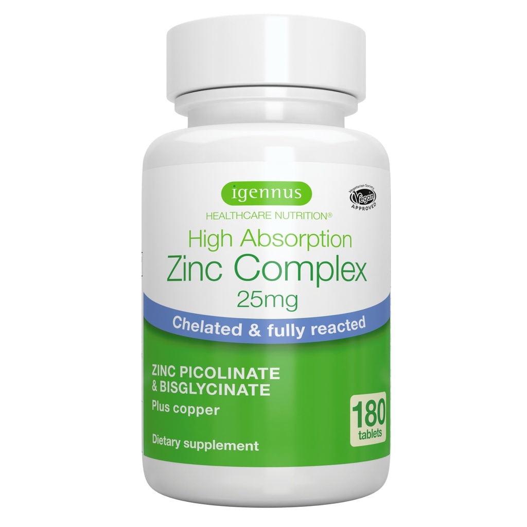Igennus Clean Chelate Zinc 25 mg with c铜, 完全反应的 Piclinate & Bisglycnate, 高吸收复合物, 女性和男性补充, 实验室验证, 非GMO, Immune & Skin Support, 6个月供应