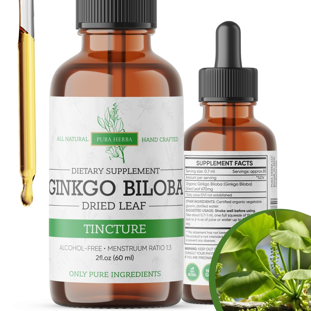 Ginkgo Biloba 提取液体 2 Fl Oz,大脑功能和记忆支持的补编,无酒精,Vegan - 2 Fl Oz