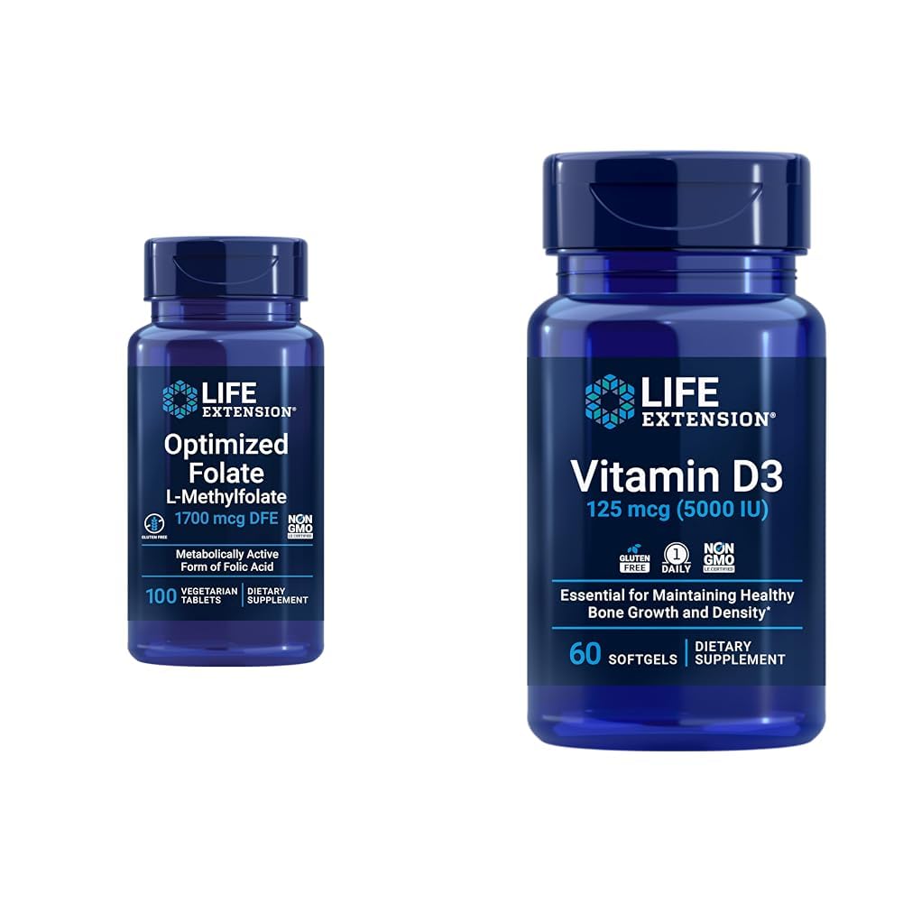 生命延展优化 Folate Heart & Brain Support 片和维生素D3 Bone, Brain & Immune Health 软胶 - 100片,60软胶