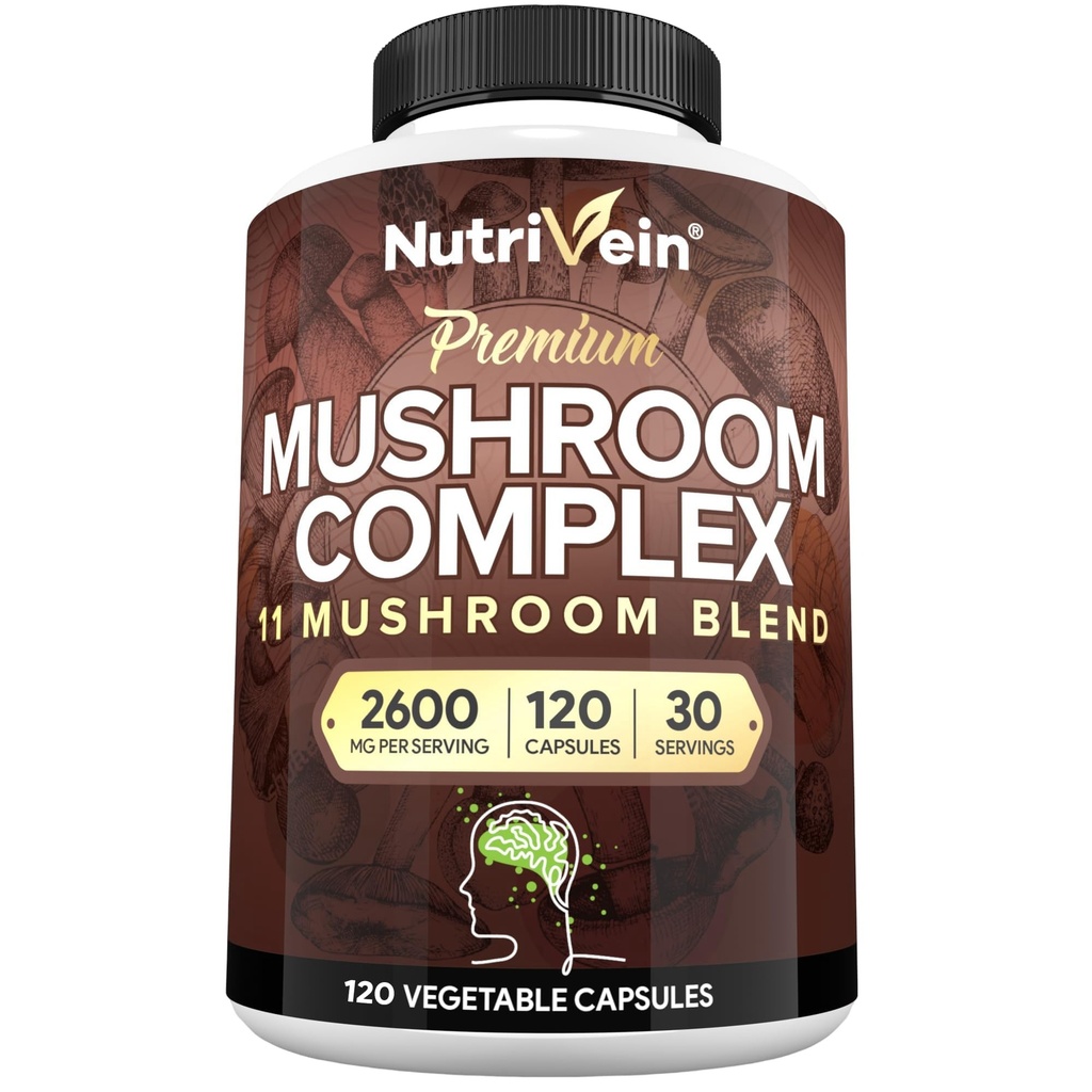 营养素浓缩蘑菇补充剂 2600 mg-Botle 120 Capsules-11 Nootropic Mushroom 综合体 - 狮子的马恩、科迪塞普斯、查加、雷希希、土耳其的Tail、Maitake、Shibake、Agaricus、白扣、牡蛎