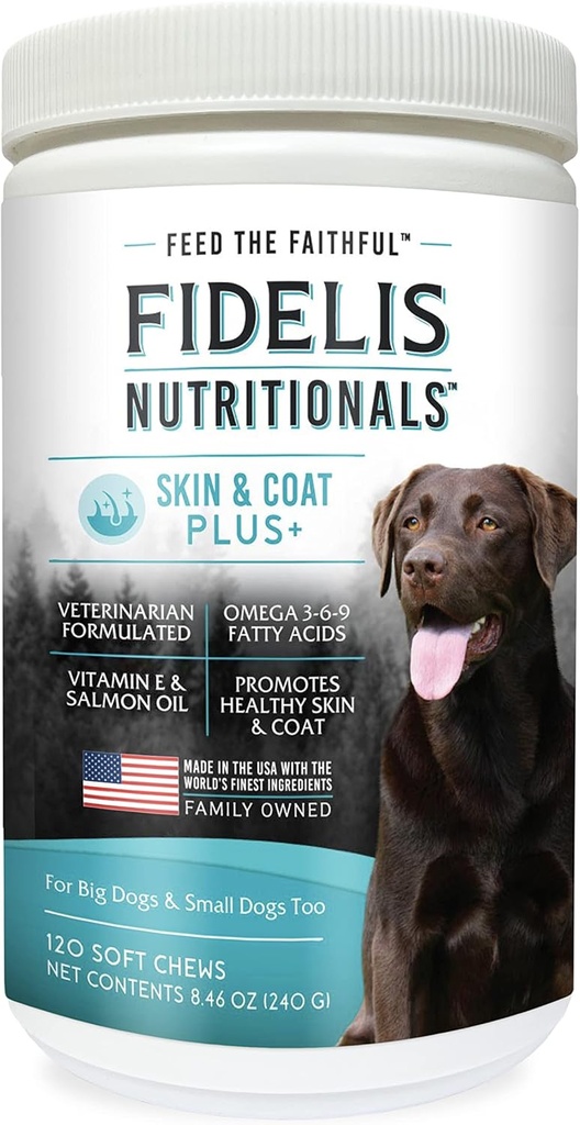 FIDELIS 皮和煤+狗皮和煤辅料,Omega 3,维生素E,沙门油换狗,脂肪酸,健康皮,闪亮皮,成人,大和小,美国制造,蔬菜火焰,120软菜