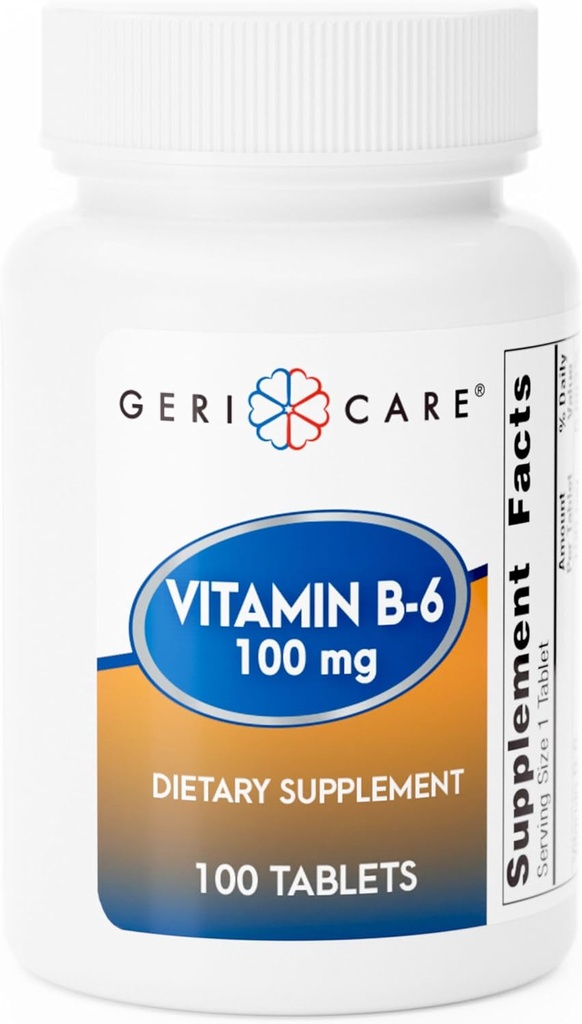 GeriCare维生素B-6 100mg,100平板 – 对健康大脑功能的日常营养支持,Mood增强,循环卫生和代谢 – 帮助抗击肥胖症和促进整体健康