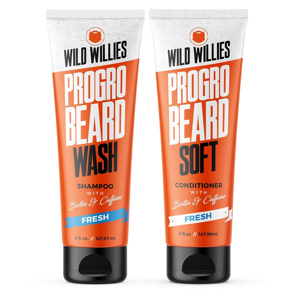 Wild Willis PROGRO 胡子香波和条件器 Kit - 强化 w/Cafeine & Biotin - 加强、无花样、摩擦性胡子洗涤器和条件器,供男性使用,2 x 5oz Tubes