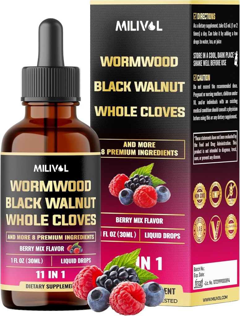 11in1 黑胡桃 Wornut Wormwood Tincture 提取器,配有全克隆、柏柏林和 8 More - 2 个月供应 - 1 Fl Oz - Berry Mix Flavor