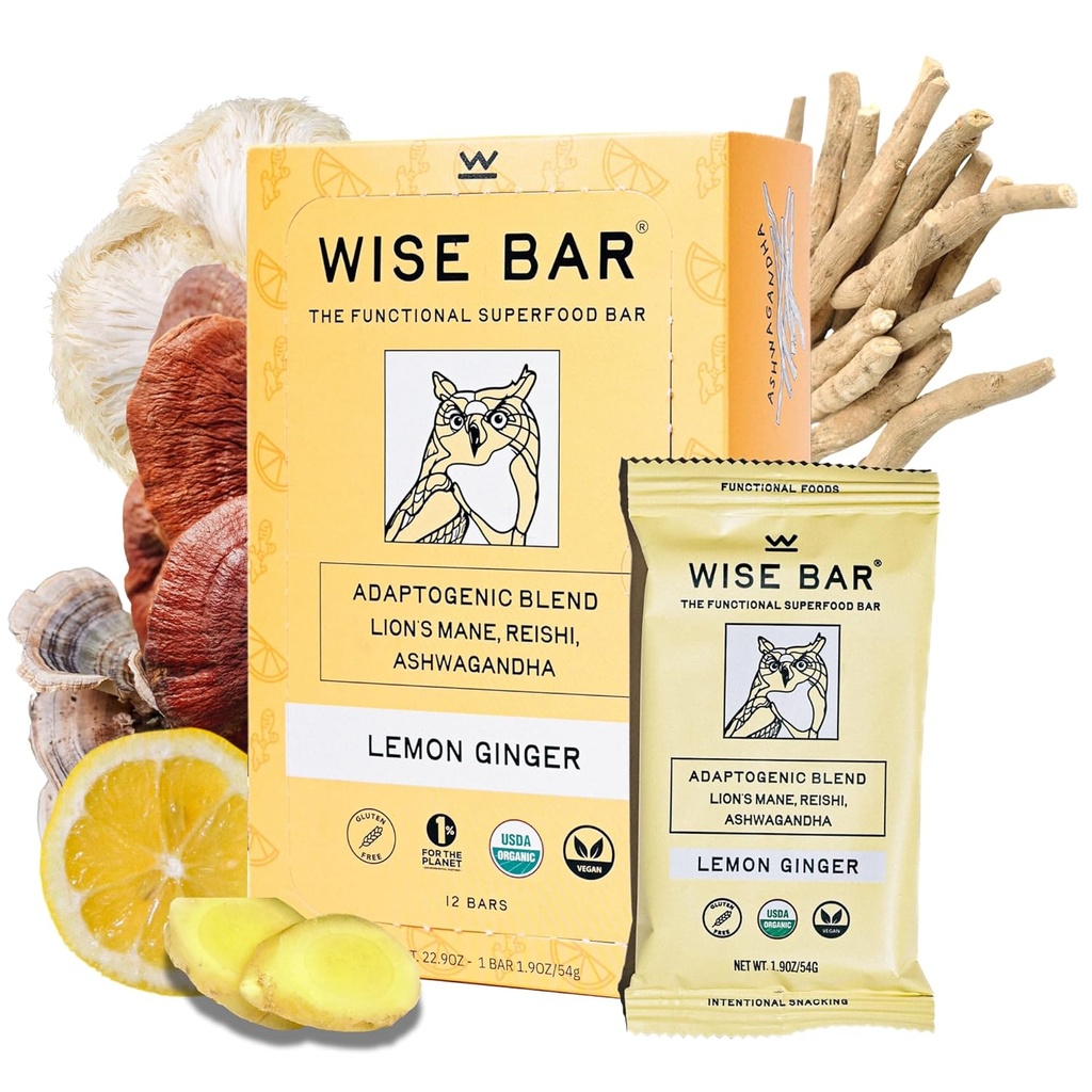 Wise Bar Adapolo Mushroom 营养棒与Reishi、Lions Mane & Ashwagandha、有机Vegan & Gluten Free Snacks for Natural Focus、能源与豁免支持、Lemon Ginger Flavor, 12 伯爵