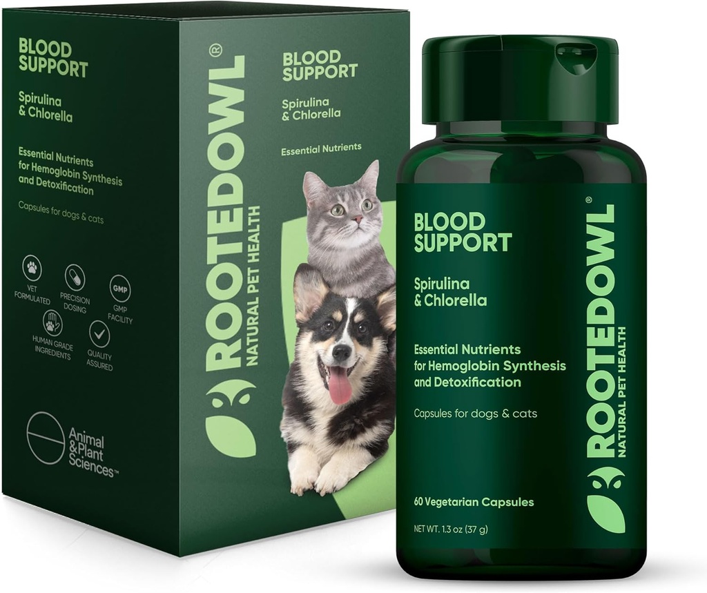 Rooted Owl Blood Support - Immunity, Recovery and Iron Supplement for Dogs & Cats - Anemia Support with Spirulina and Chlorella - 60/ct Vegan Capsules