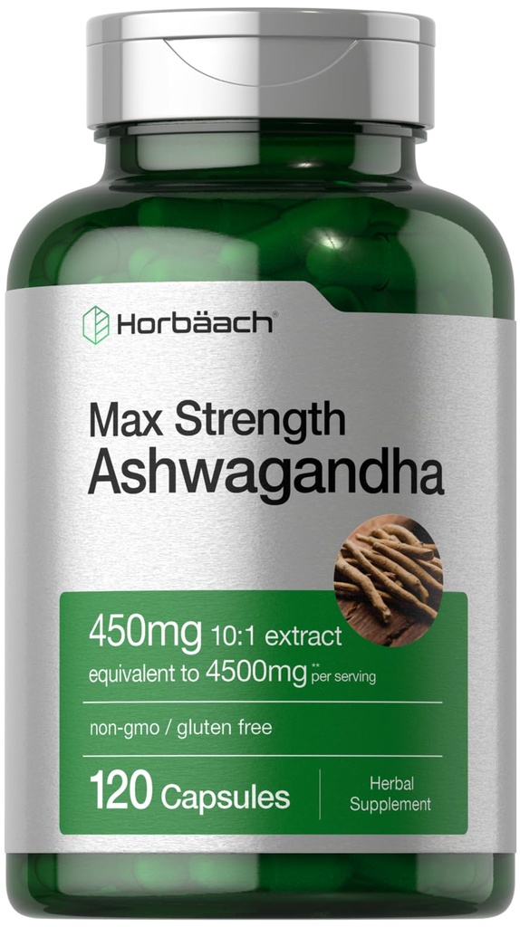 Horbäach Ashwagandha 补编 最大力量 120卡普勒斯 非GMO,格鲁滕自由