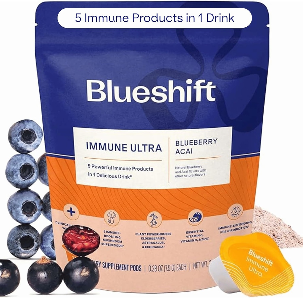 蓝换型Immune Ultra - 5-in-1 Immune支持 粉末饮料混合,Immune Defense Vitamin 补充 维生素C,锌,超食品,抗氧化剂,前置和抗生素 - Blueberry Acai Pods (14 Pack)