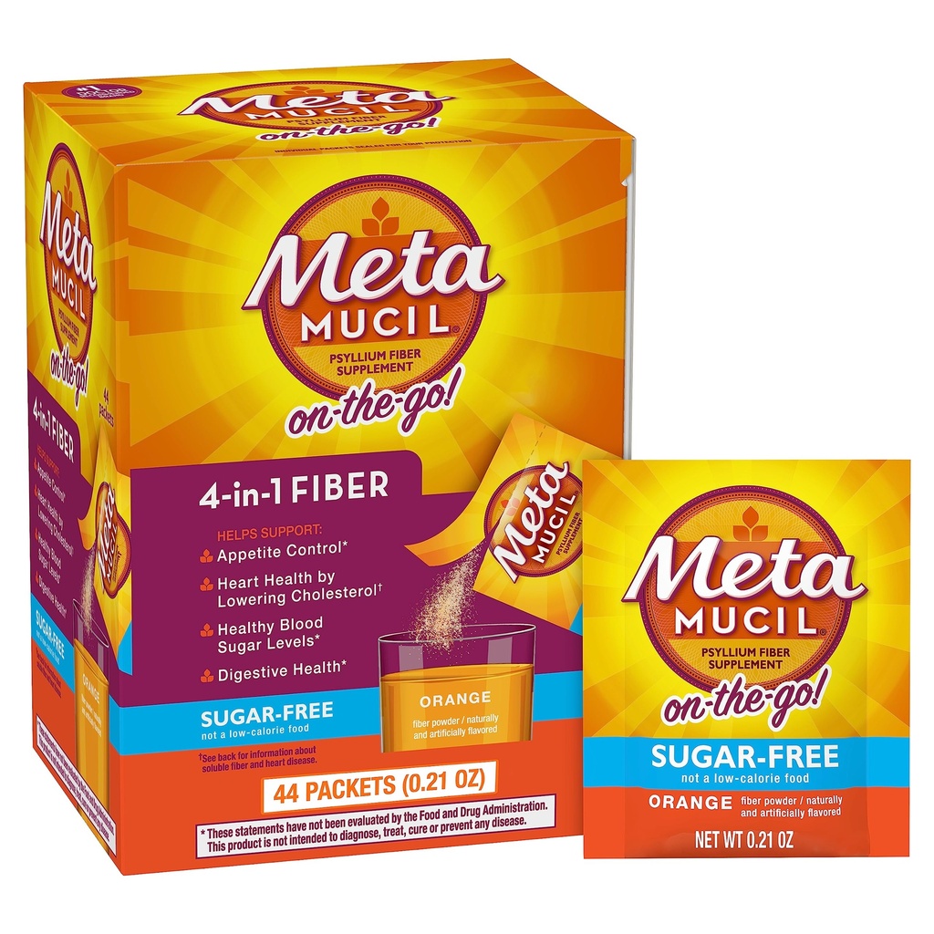 Metamucil On-the-Go Packets,无糖,44个Packets,4-in-1 Psyllium Husk Fiber 补编,橙色火焰,个人为旅行服务,消化健康和规律的纤维补编