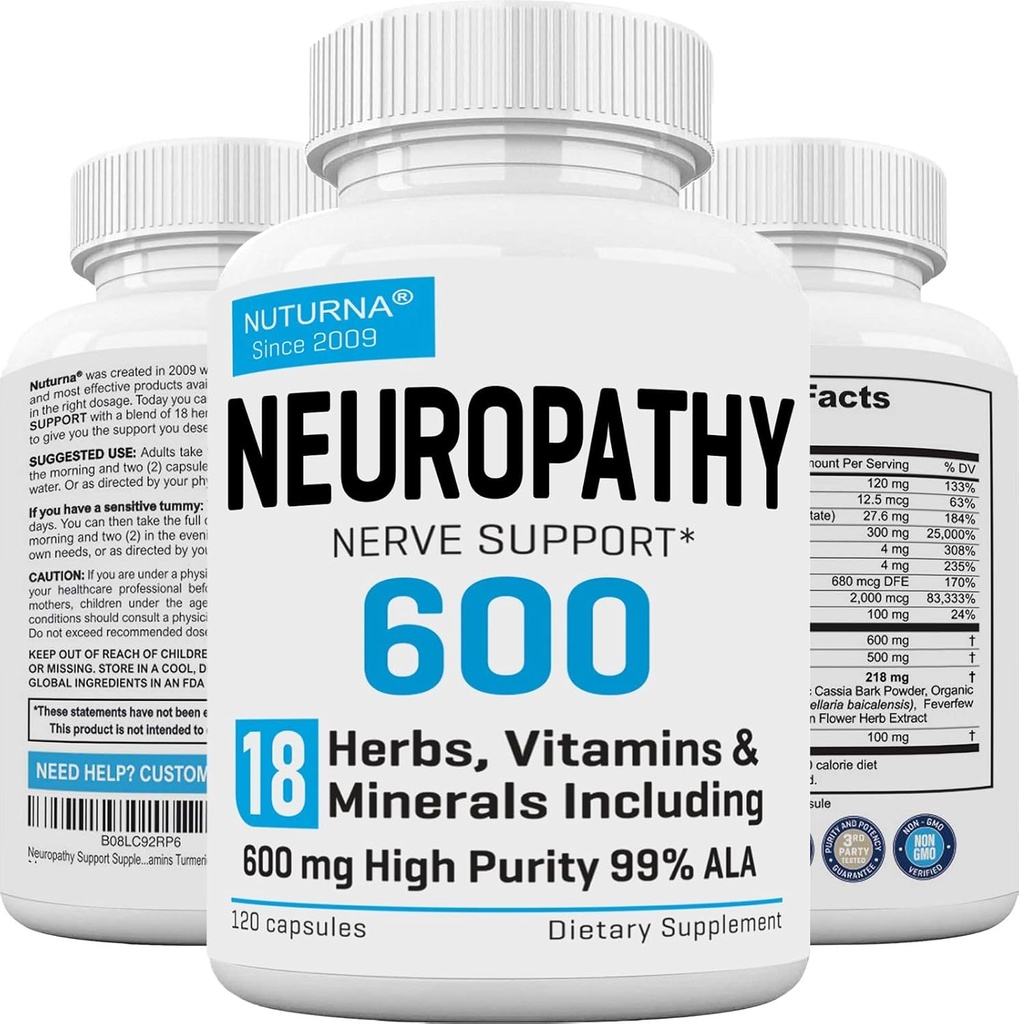 神经病支持补充600 mg HP-99 Alpha Lipoic Acid - Feet Hands Fingers 腿的ALA Nerve公式 - 18 in 1 Natural Peripheral Nerve Vitamins - 120 Capsules