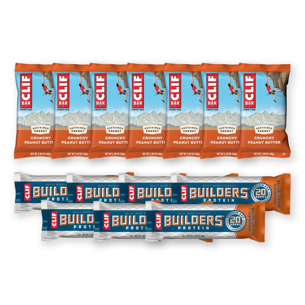 CLIF BAR和CLIF 构建器 - 品种包 - Crunchy花生酱和巧克力花生酱 - 能量棒和蛋白质棒 - 非GMO - Plant based - 2.4 oz.(14个计数)