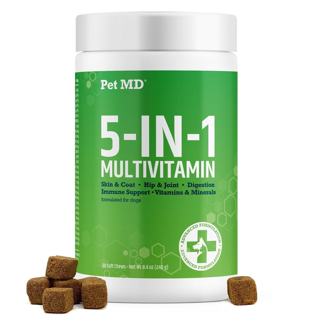 Pet MD 5in1 多维他明 - 30 种基本维生素,矿物质和营养素用于皮肤和煤炭,Hip & Joint, Digestion, 老年狗和小狗维生素 - Glucosamine, Omega 3 6 9, & Probiotics - 60cmt
