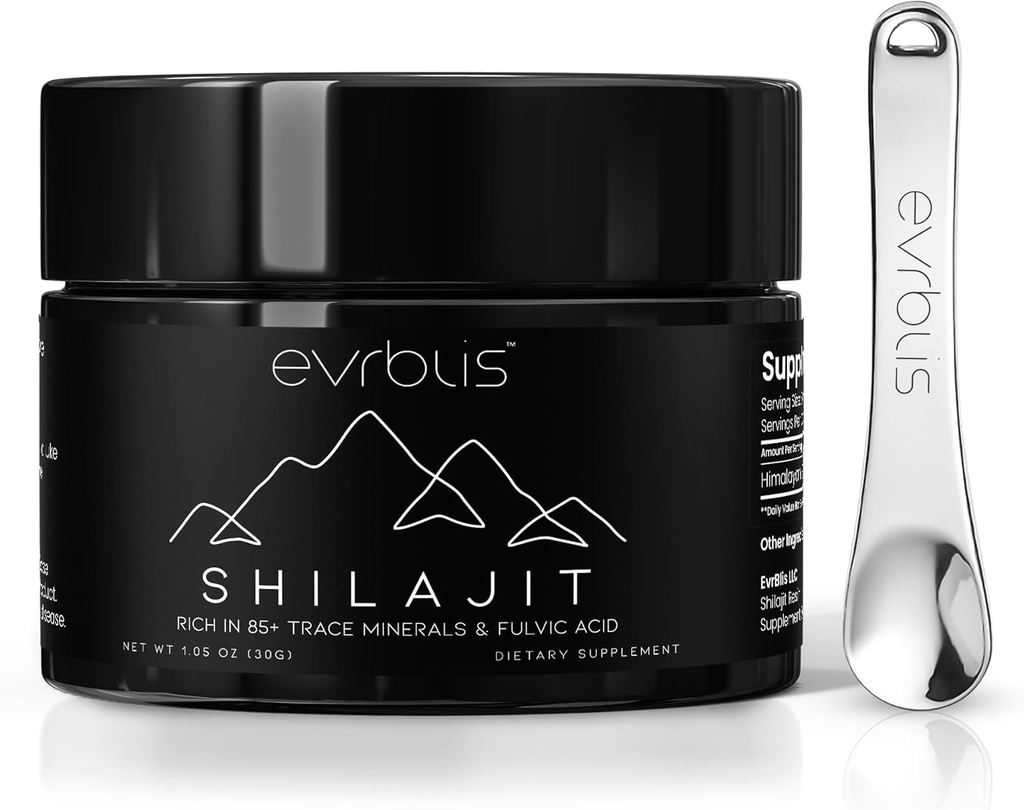 纯喜马拉雅有机Shilajit Resin, Max Potency Gold Grade Shilajit 男女自然能量助推和免疫辅助药,配有85+ Trace Minerals & Fulvic Acid(30克,60架).