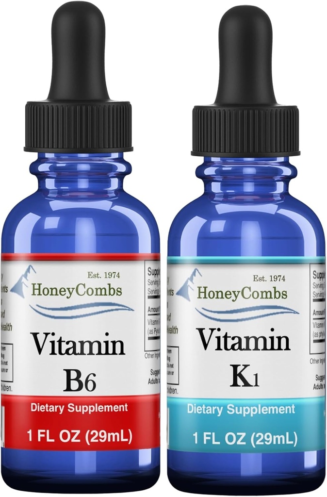 HoneyCombs 维生素B6 & K1 滴水量 — Vegan 液态Pyridoxine & Vitamin K 提取物,支持整体健康,非GMO 维生素液体提取物,各1 fl oz