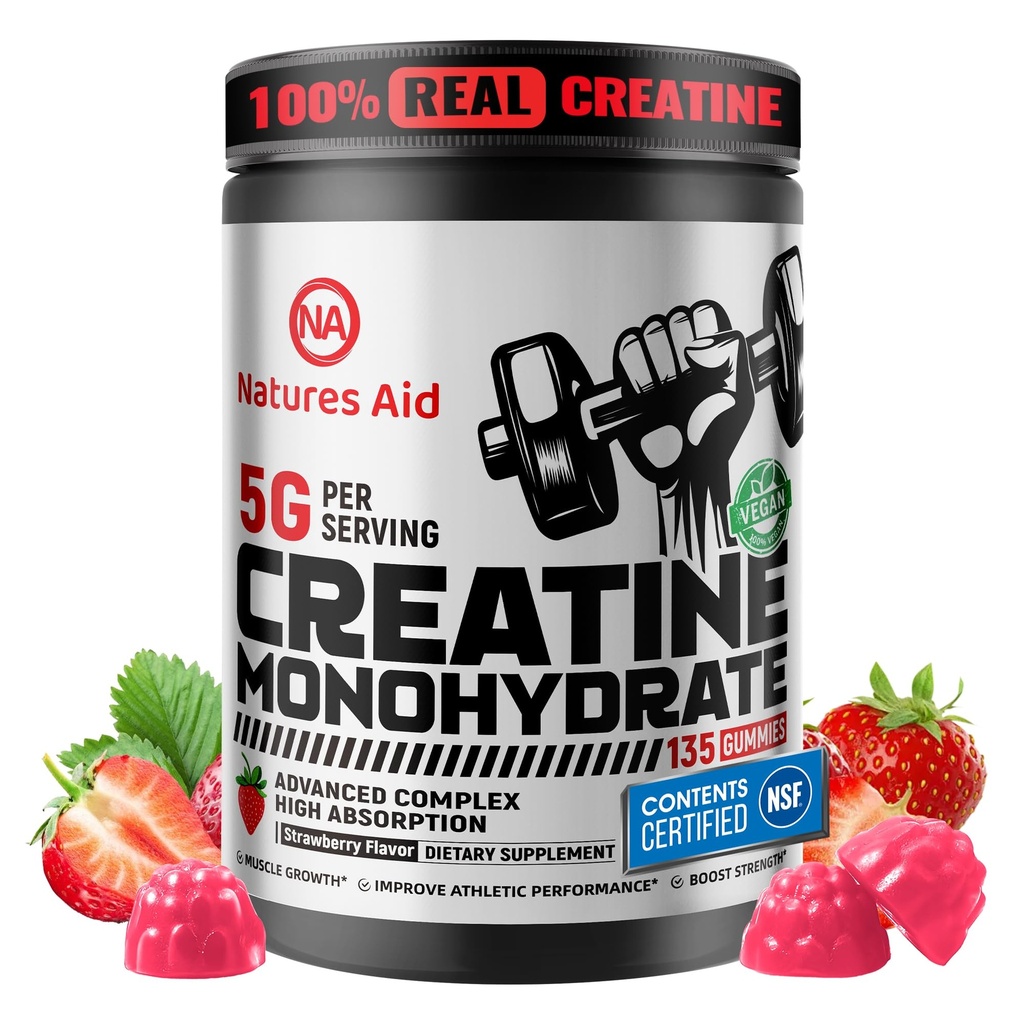 Natures Aid Creatine Monohydrate Gummys (5g) – 工作前能源与肌肉生长支持 男与女 |草莓电解 Gummys (135 Counter)