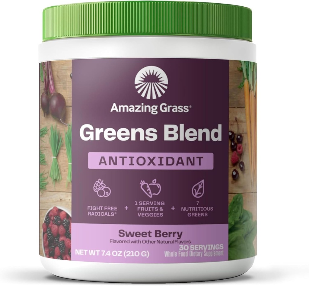 Amazing Grass Greens Blend Antioxidant: Super Greens Powder Smoothie Mix with Organic Spirulina, Beet Root Powder, Elderberry, Bilberry, Prebioitics & Probiotics, Sweet Berry, 30 Servings (Packaging May Vary)