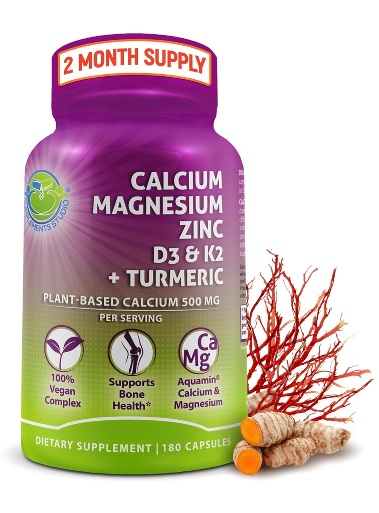 植物基的500mg钙(Aquamin) – Vegan Calcium 镁锌 D3 配有维生素K2和有机图尔姆 – 增强骨骼和肌肉健康与力量,对女性和男性的免疫支持 - 180个计数