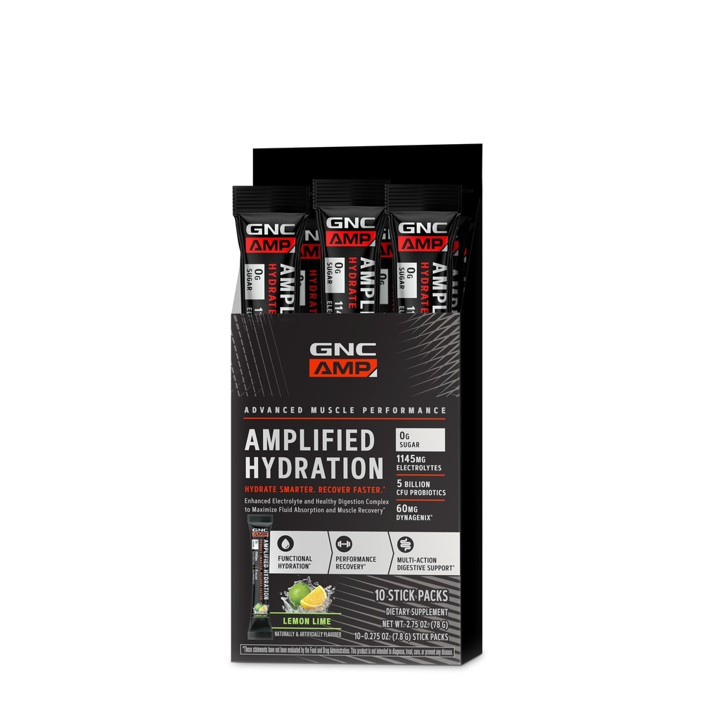GNC AMP 放大水解 电解 粉末 饮料 混合 | 增强电解与健康消化综合体 | 柠檬液 | 10个计数