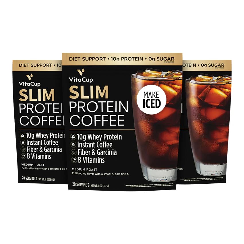 用于饮食支持的VitaCup Slim蛋白咖啡摇摆,即时咖啡w/Whey蛋白粉,B维生素和纤维,Dititian为性能和口味开发,做成冰块或摇摆,3袋