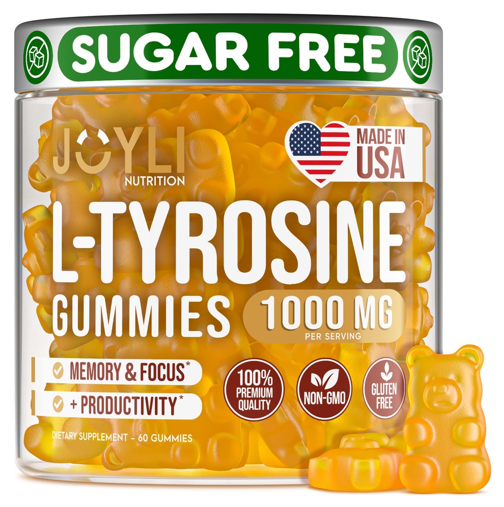 Joyli L Tyrosine Gummys 1000MG - 儿童与成年人的L-Tyrosine 补充品 - 冷静与聚焦 Gummys for Brain, Memory, Mood, and Energy - 500mg L-Tyrosine Powder per Gummy - Vegan, Gluten - Free
