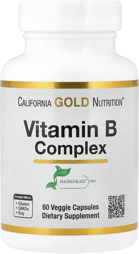 加州金营养维生素B复合物,Thiamin B1,Riboflavin B2,Niacin B3,Pyridoxine B6,B7,Pantothenic酸B5和Pro Folate B9,Gluten Free,NGMO,60 Veggie Capsules