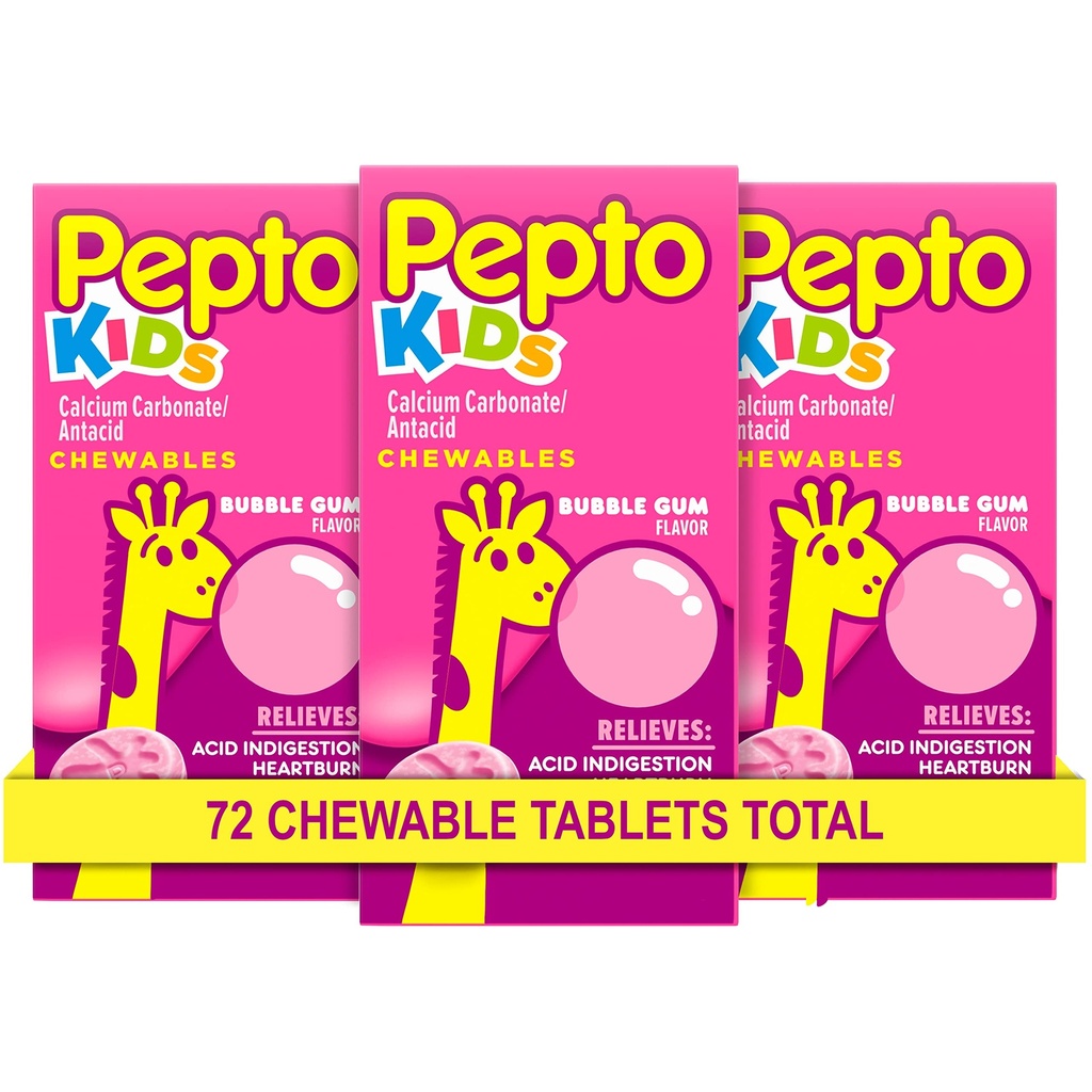 Pepto Kid为心脏灼伤、酸性消化不良、酸性胃痛和倒胃、泡泡泡糖的可嚼药片,共计72(3包24)