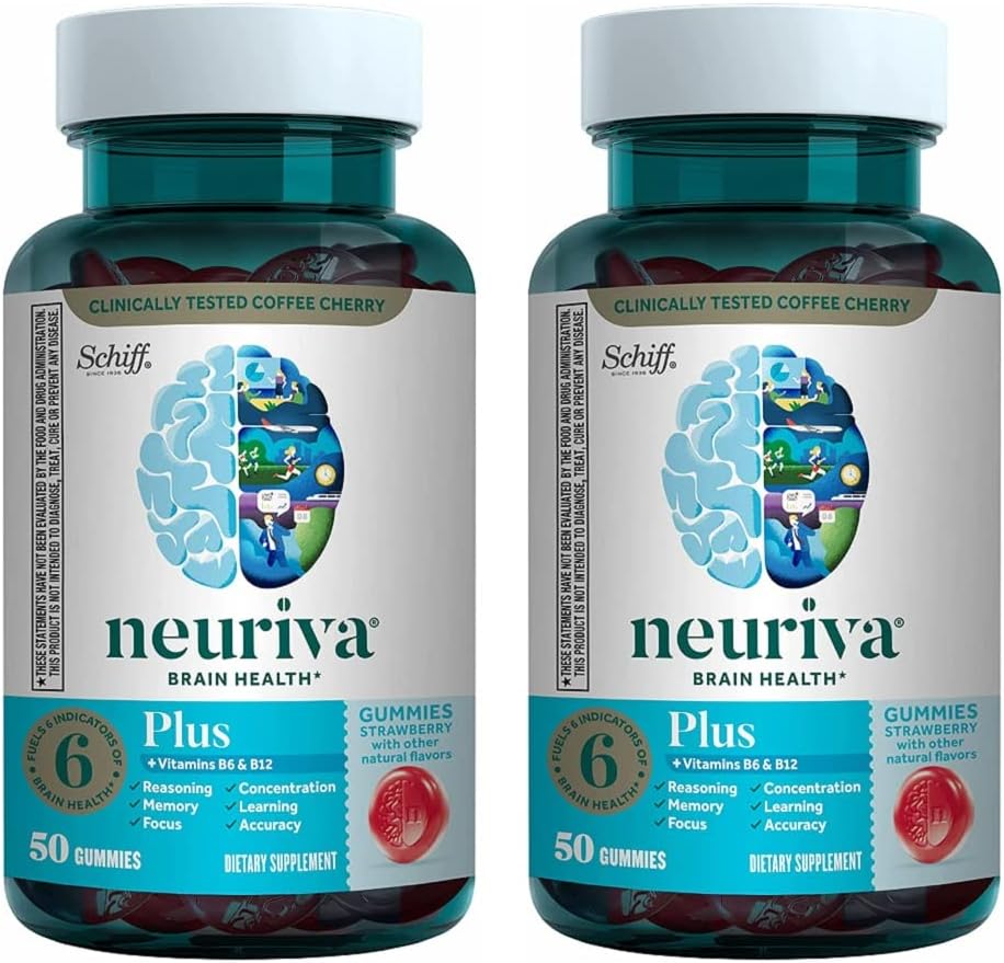 NEURIVA + 记忆、焦点和浓度+认知功能的大脑补充物,配有诺托品磷酸id和神经元,VIT B6 & B12,草莓火焰,50 Gummis(2包)