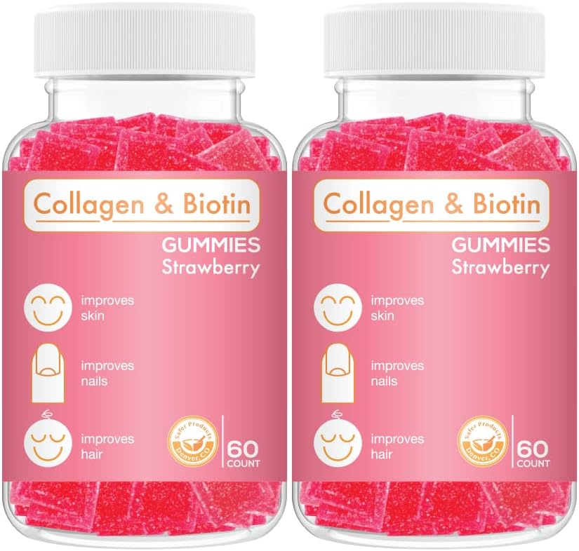 Collagen Biotin Gummies - Supports Hair, Skin & Nails Hair Growth Anti Aging Care Chewable Gummy Vitamins, Vegan, Non-GMO, Gluten Free, Gelatin Strawberry Flavor 120 Count, Pink