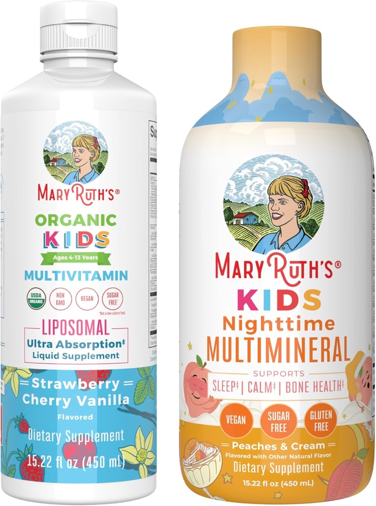 MaryRuth的夜间多minel(桃仁和奶油)和多维他命的Liposomal(草莓樱桃和香草),供儿童使用。