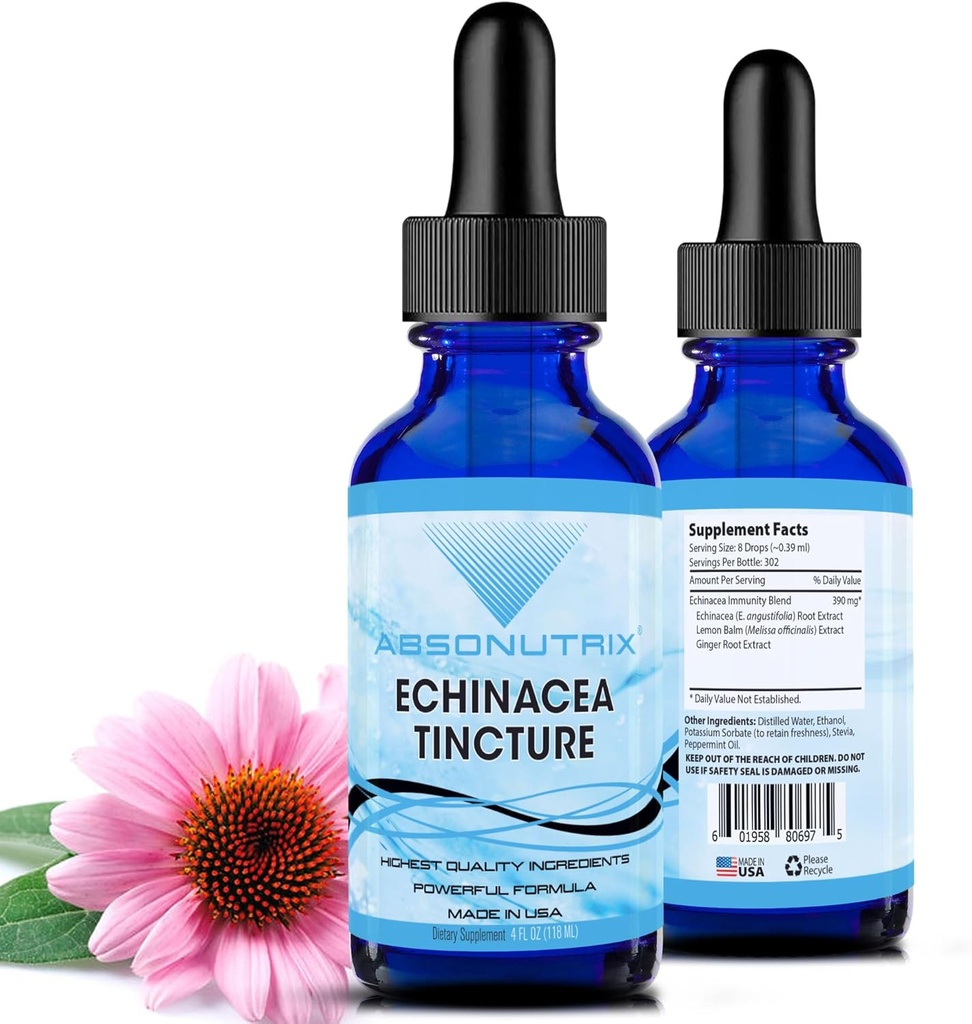 Absonutrix Echinacea Tincture 高级公式 390 mg, 4 Oz Liquid, 302 services, 在美国制造, 快速吸收, 质量强物料, 非GMO, GMP认证设施, 无残忍产品