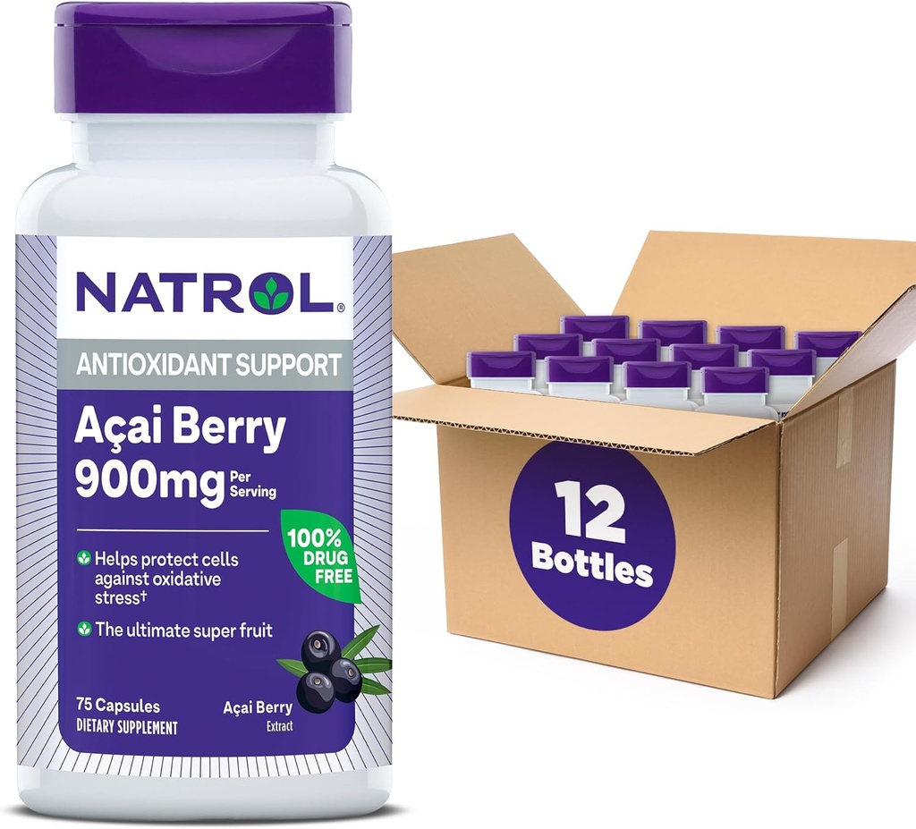 Natrol Acai Berry,《饮食补充》,《抗氧化剂保护与防御》,《绝地超级水果》,900毫克《Veggie Capsules》,75份(12份)