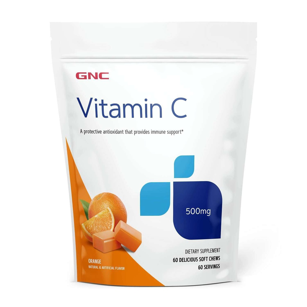 GNC 维生素C 软嚼子500mg,橙色,60 Chews,支持自然抵抗
