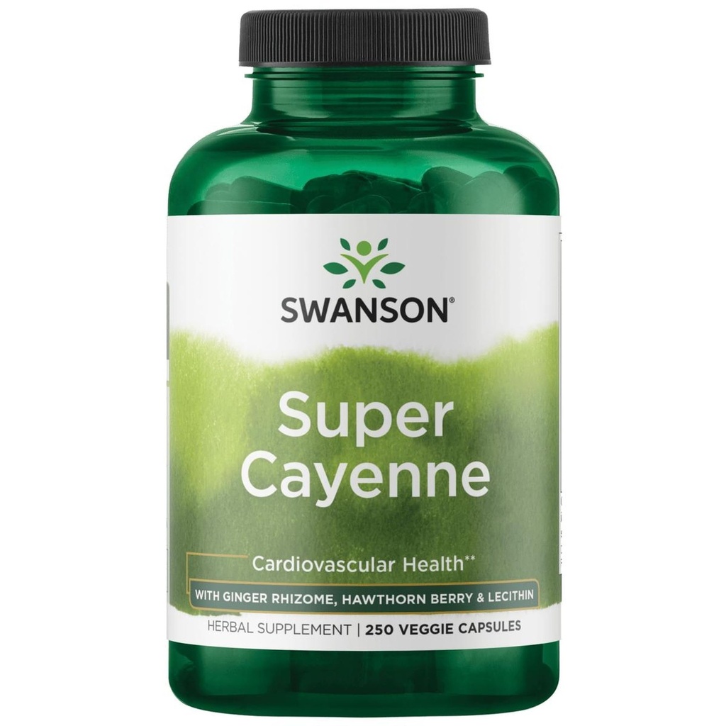 Swanson Super Cayenne - 促进心脏健康、循环和血液流动的草药补充剂 - 自然公式 w/Ginger Rhizome, Hawthorne Berry & Lecithin - (250 Veggie Capsules)