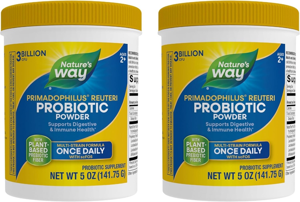自然之路 Primadophilus Reuteri Probiotic Powder, 支持消化和免疫健康*, 多轨配方, 配有 Prebiotics, 3亿活文化, 5 Oz(包装 May Vary) - 2 Pack