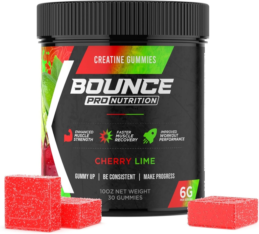 Bounce Pro Creatine Monohydrate Gummys for Men and Women, Low Calorie, 6G of Creatine per Service, Vegan, Anti-Melting, Gluten-Free, Non-GMO, 2g of Creatine per Gummy (30立方厘米,樱桃莱姆)