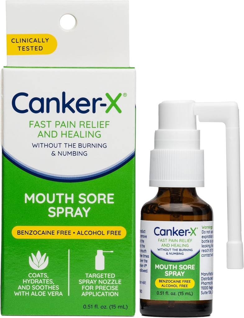 Canker-X Mouth Sore Spray, Oral Pain Relief from Canker Sores, Burns & More, No Burning & Numbing, Benzocaine-Free & Alcohol-Free Mouth Ulcer Treatment, Targeted Spray Nozzle, 0.51 Fl. Oz.