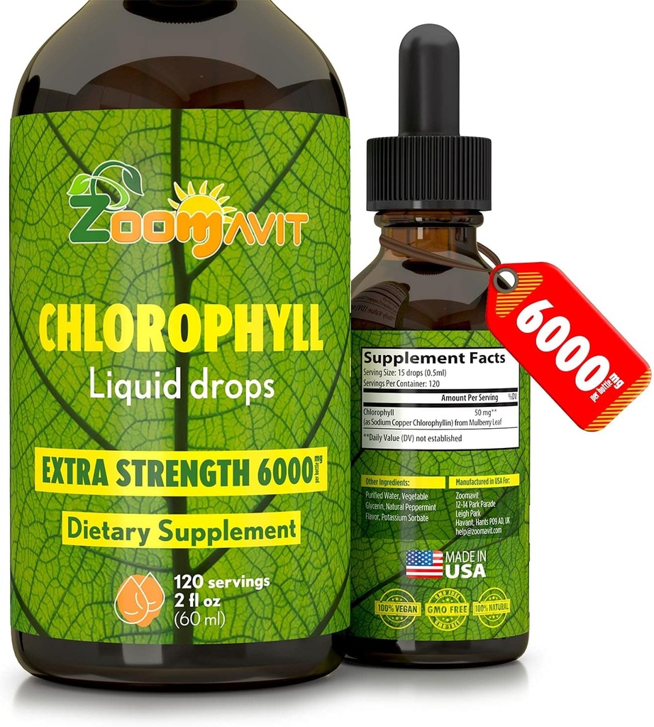 氯脂液滴 100% 有机 Vegan - 能量和免疫系统助推器 水的薄荷增殖剂 - 天然内部除臭剂 - 额外强度 6000毫克 120