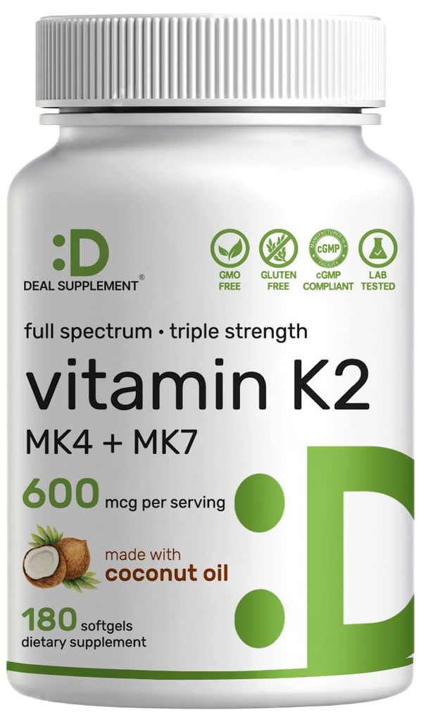 DEL Suppment Vitamin K2 补充600mcg,180 椰油软胶 | 完全光谱 高吸收 MK-7 和 MK-4 形式 | Bone, 联合, 和免疫支持 – 非 GMO