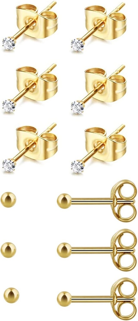 6Pirs 2mm/3mm 外科钢铁 假假皮针 Studs, 20G 14K 实金填充 Tiny Stud Earrings 套装多孔皮针(Cubic Zirconia, Pearl, Ball)
