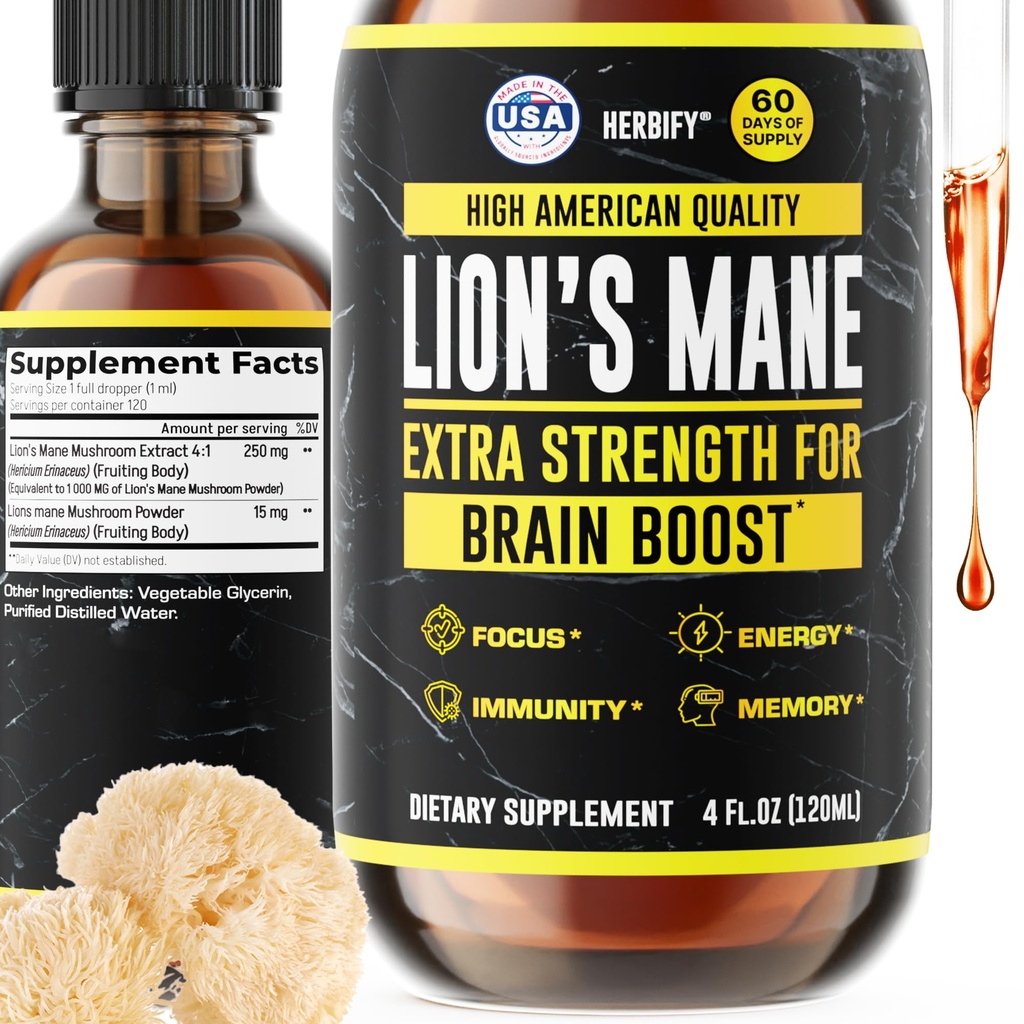 HERBIFY Lions Mane Supplement - 记忆,焦点和清晰度的每日蘑菇补编 - 大脑助推器 - 支持免疫的狮子Mane Tincure - 4 Fl oz