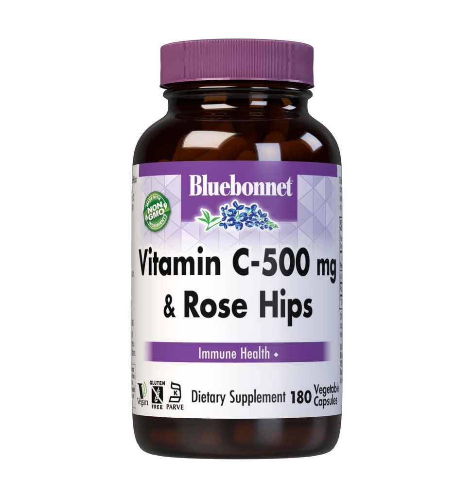 BlueBonnet 维生素C 500 mg + Rosehips 蔬菜胶囊,180 计数