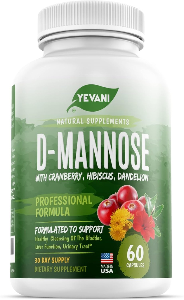纯度为100%的D-Mannose Capsules 1000 mg,配有 Cranberry, Hibiscus, 和 Dandelion 提取器,快速代理职业UTI 预防公式 尿道切克健康和刀锋支持