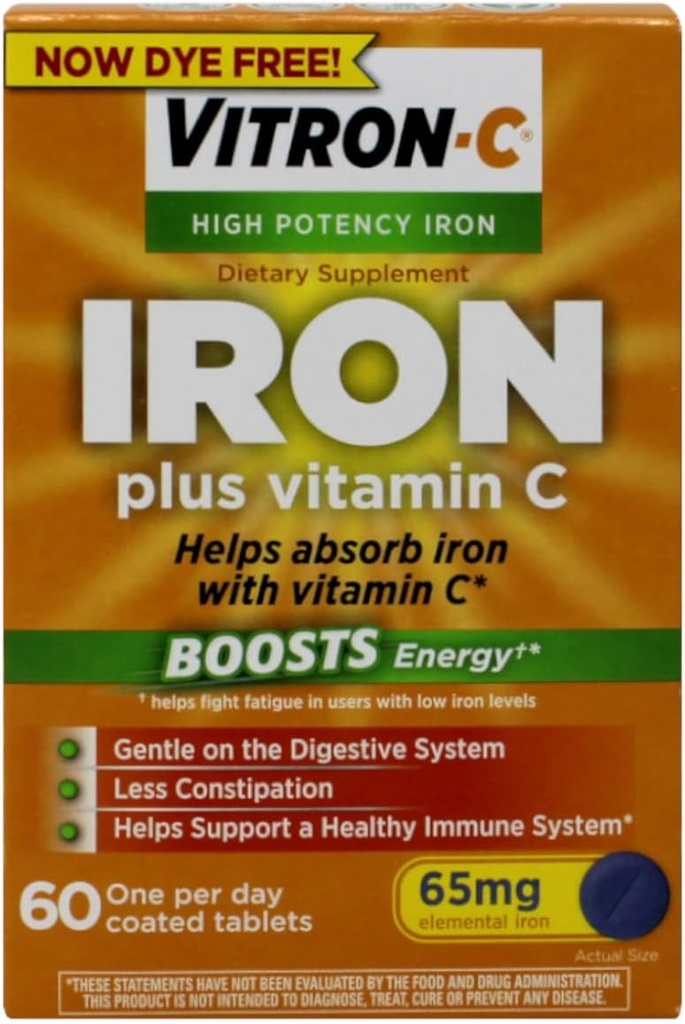 Vitron-C 高能铁饮食补充剂 — 铁加维生素C, 靴子能量, 消化系统上的温柔, 60 合板, 65 mg 元素铁