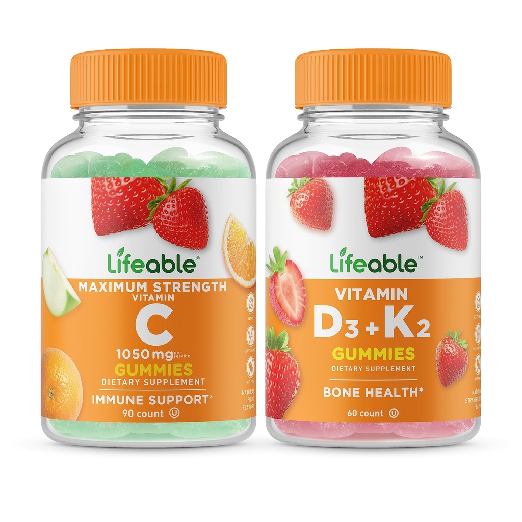 活生生的维生素C 1050mg + 维生素D3 + 维生素K2,Gummys Bundle - 大调味,维生素补充,Gluten Free, GMO Free, Chewwable Gummy