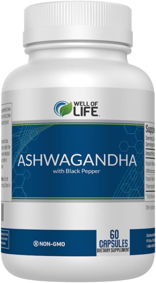 Well of Life: Ashwagandha 650mg + Black Extract 60 Veg Capsules: Enhanced Sleep & Well-Being. Adrenal Health Support. Non-GMO, GMP Certified. Made in USA.