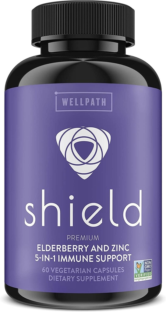WellPath Shield Elderberry Capsules - 5-in-1 Immune 支持推进剂 锌,维生素C,Echinacea,Bee Propolis - Premium Zinc 补充剂 - 600 mg Sambucus Black Elderberry Pills for Adults - 60 Ct