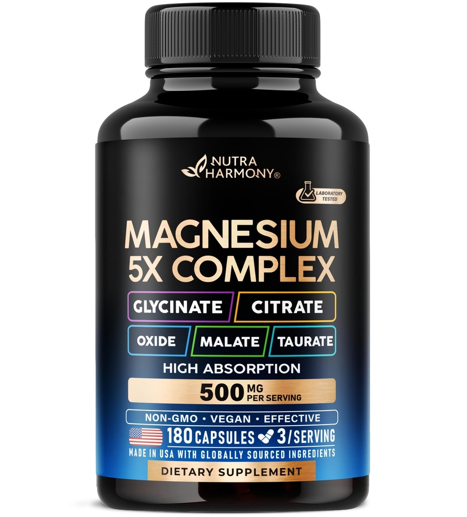 镁补充剂 - 5 in 1 Complex QQ Glycnit QQ Citrate Malate Taurate Oxide - 在美国制造 - 压力、肌肉和心脏支持 - Vegan, Natural, Non-GMO - 180 Capsules, 2个月供应量