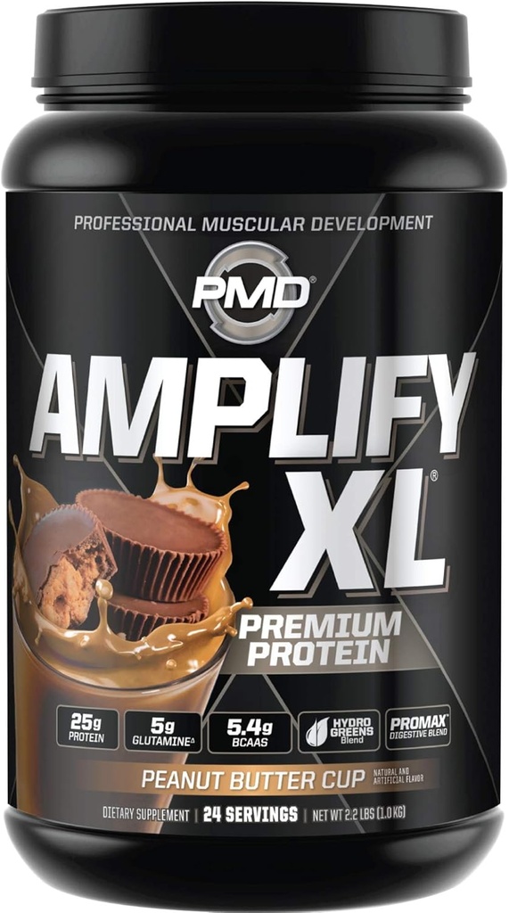 PMD 体育 放大 XL Premium Whey 蛋白质 补充 Hydro Greens Blend - Glutamine 和 Whey 蛋白质 矩阵 配超食品 肌肉,强力与恢复 - 花生酱杯(24场服务)
