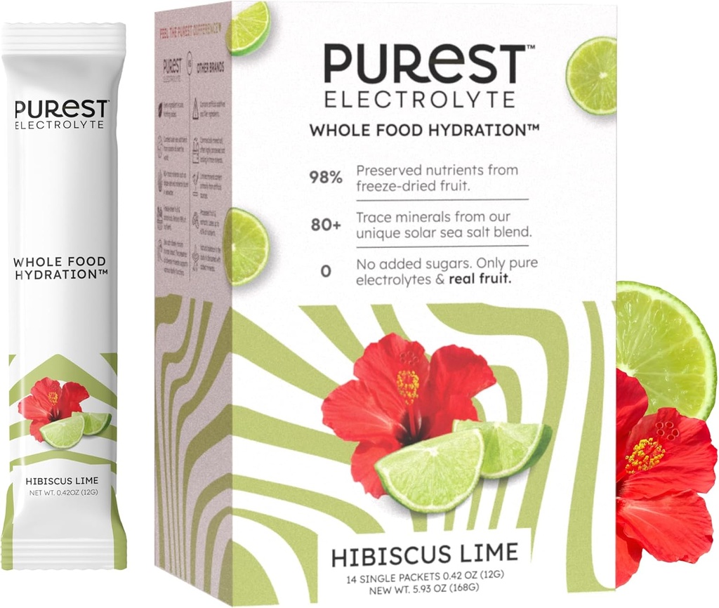 Know Brainer Purest Electrolyte Hibiscus Lime Powder Packets – 全食品水分 - 有机冻结-干果和太阳海盐用于超电解平衡